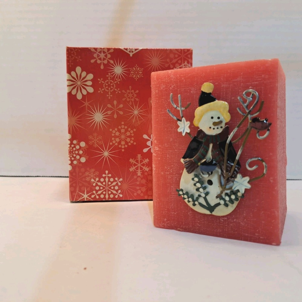 Avon Scented Snowman Decorative Candle Red Tin Wax Christmas Holiday Greens